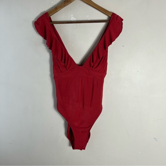 ROBIN PICCONE Lina Ruffle V-neck One Piece Size 6 Brick Red - Picture 4 of 12